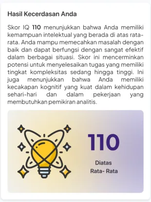 IQ score with its explanation on the result screen