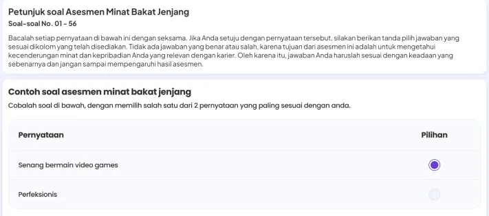 Minat Bakat Jenjang instructions and sample question on desktop
