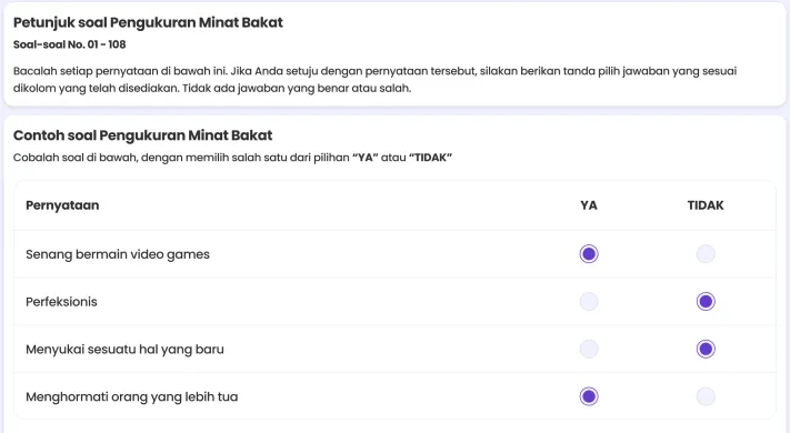 Minat Bakat instructions and sample question with Yes and No columns on desktop